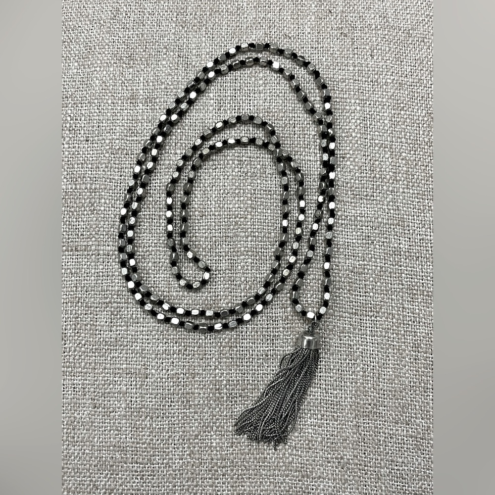 Long 46” silver beaded tassel necklace